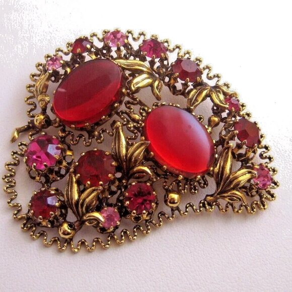 Austria Brooch Earrings red cabochon & rhinestones Set - Picture 4 of 7